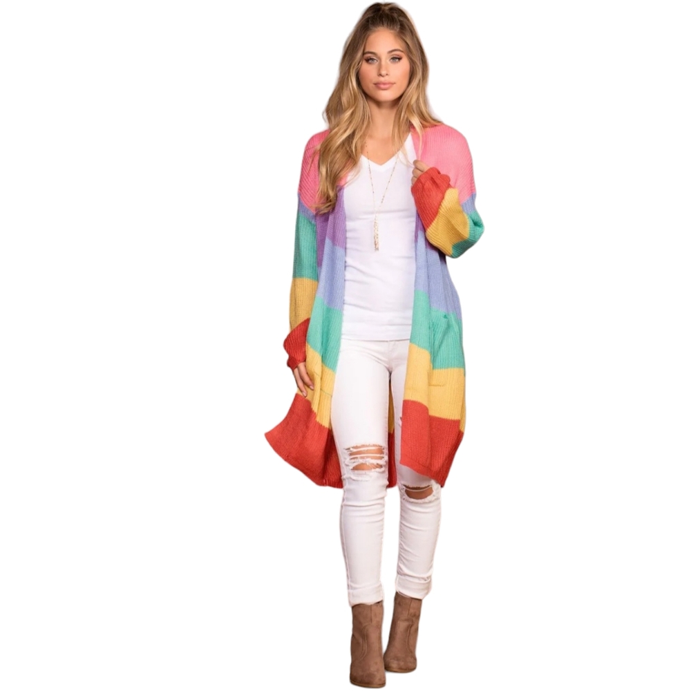 Main Strip Knit Colorblock Balloon Sleeves Pocket Cardigan